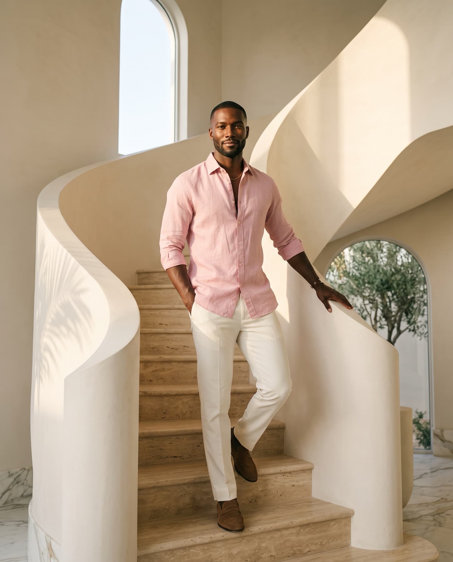 Confident man in a blush-pink linen shirt walking down a sunlit curved travertine staircase