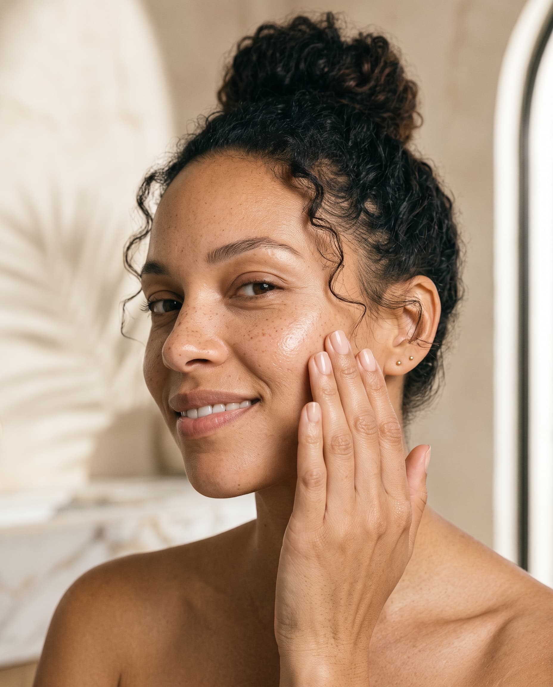 Woman with curly hair touching her cheek in soft morning light