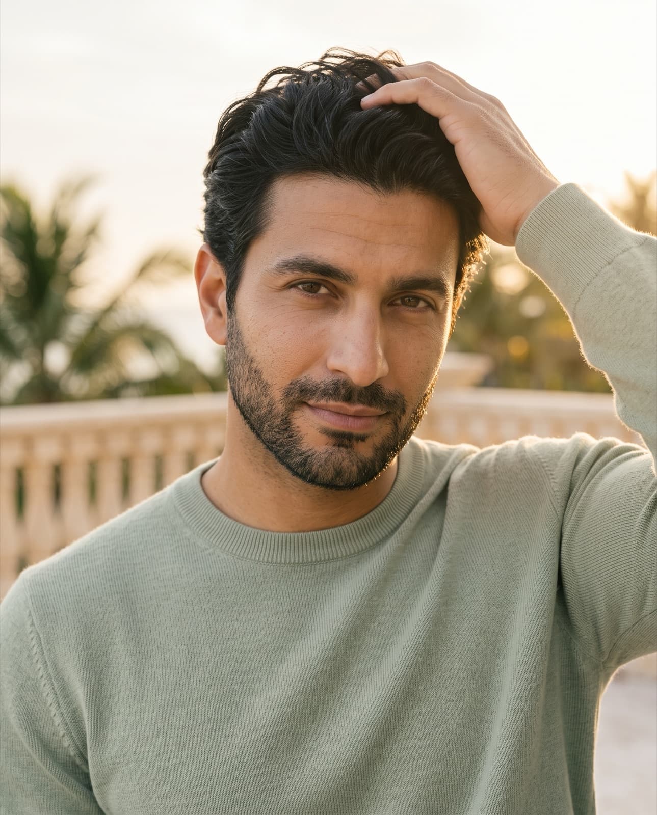 Man with thick dark hair running a hand through it on a sunlit terrace with palm trees