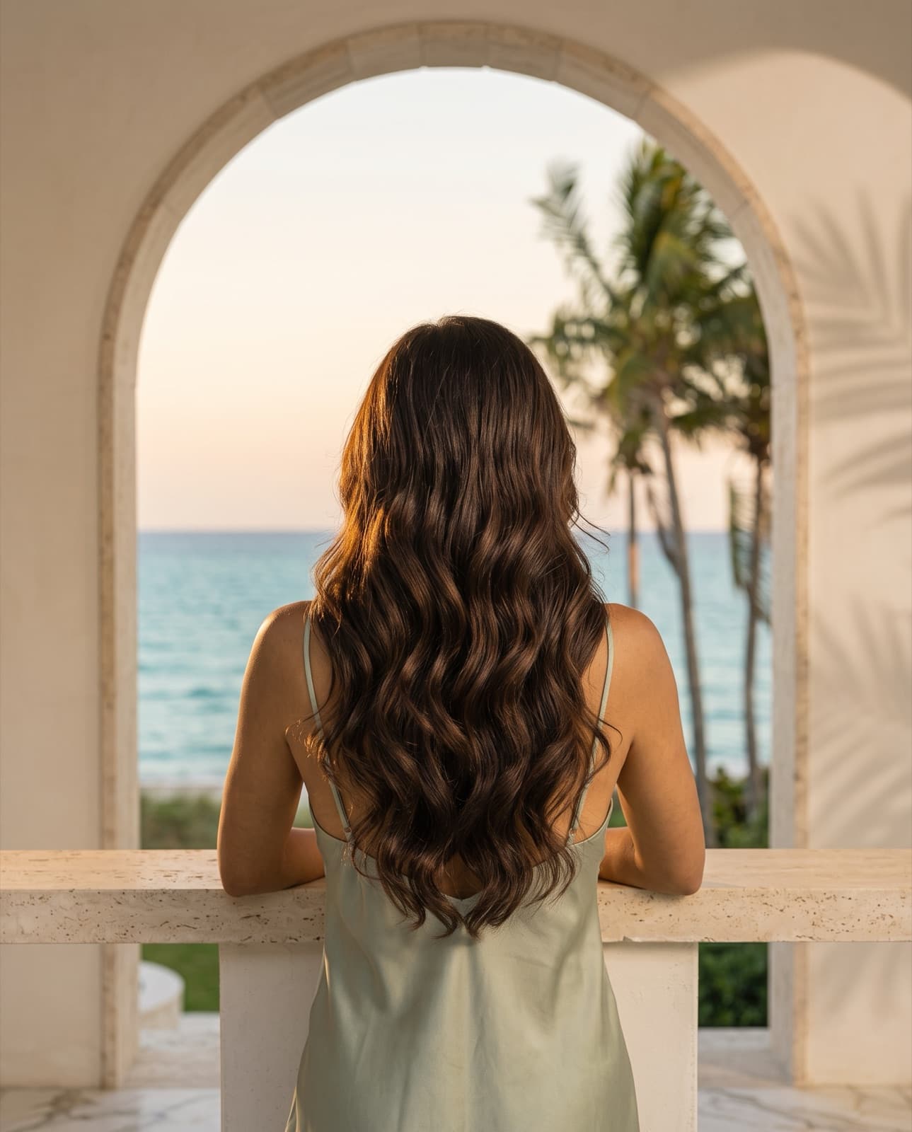 Woman with long wavy hair seen from behind, leaning on a stone balustrade under an arch facing the ocean at sunset