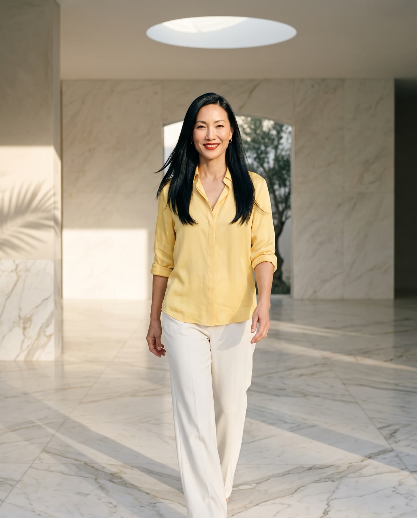 Woman in a butter-yellow silk shirt standing in sunlight beneath a skylight in a marble room