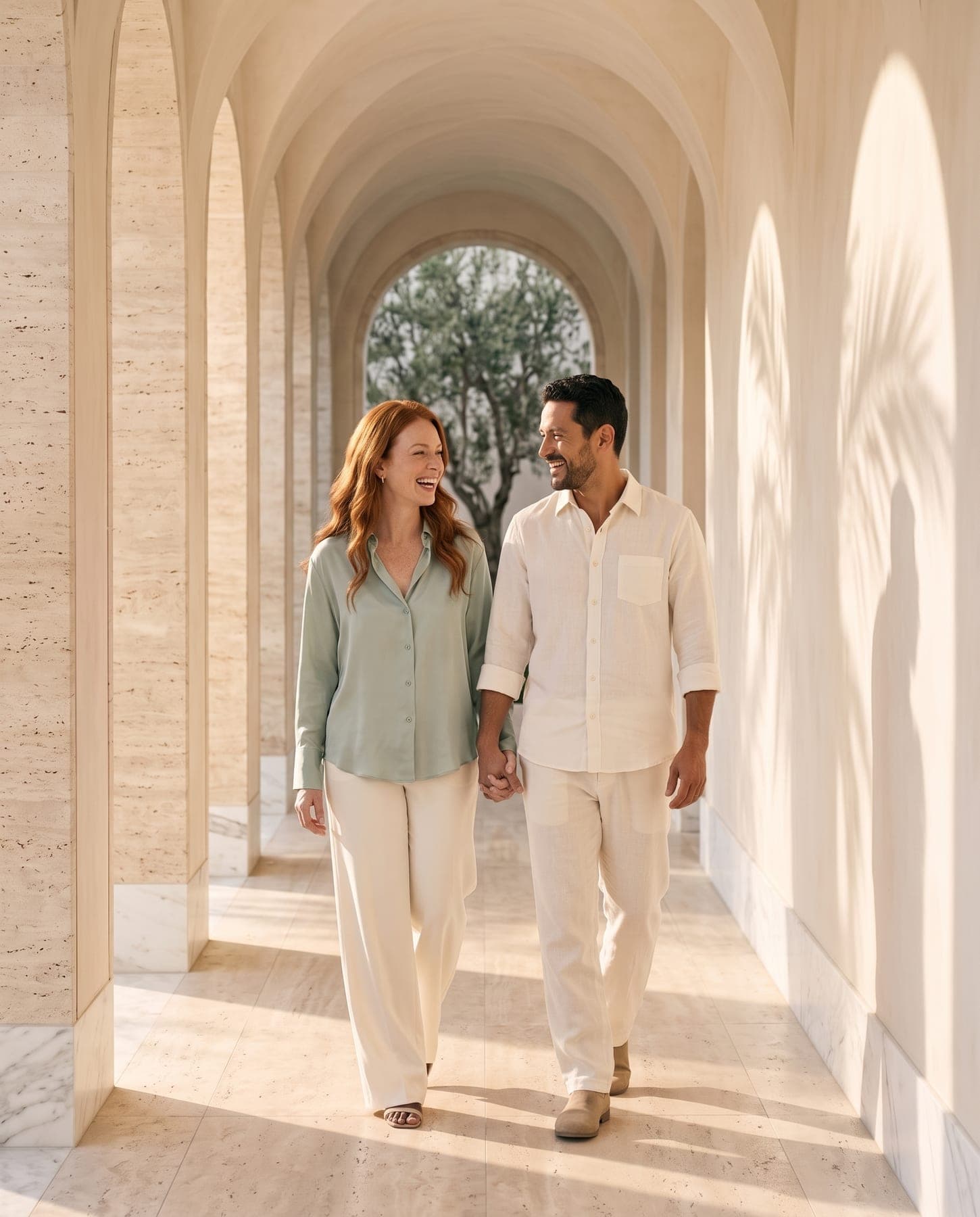 Couple walking hand in hand through a sunlit travertine arched hallway, laughing together