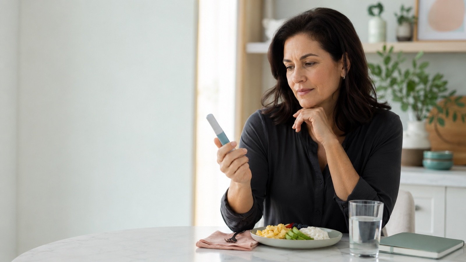 Woman at her kitchen table with a meal, studying a GLP-1 injection pen